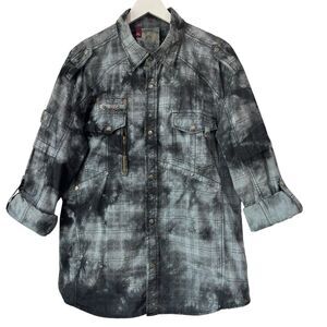 Fusai Vintage Men Snap Button Up Shirt XL Black Tie Dye Plaid Grunge Utility Y2K